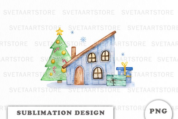 Download Watercolor Christmas House Sublimation - Watercolor christmas Collection