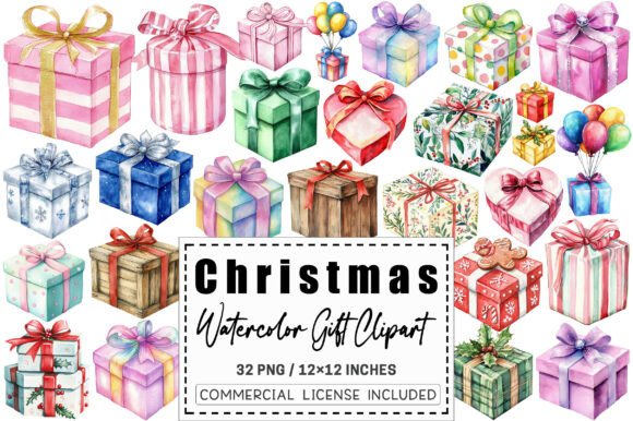Download Watercolor Christmas Gift Clipart Set. - Watercolor christmas Collection