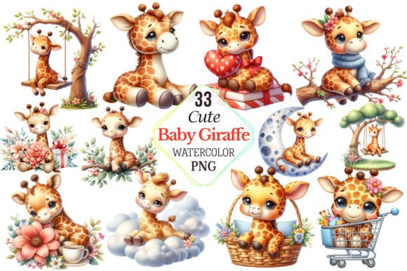 Download Watercolor Cute Baby Giraffe Clipart - Premium Bundle